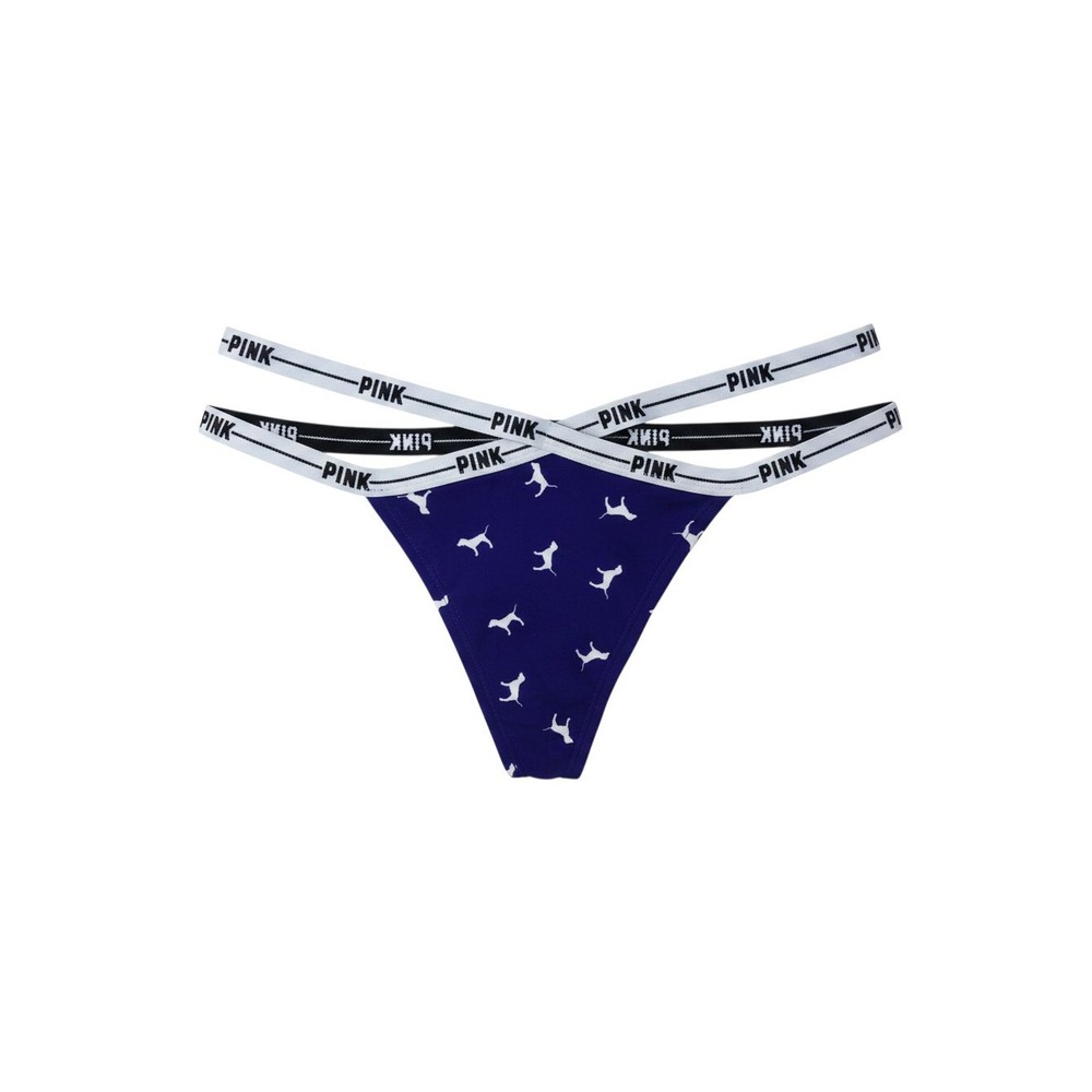 Victoria's Secret PINK Thong Womens M Blue  Logo Strappy V-Front